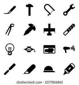 Solid vector icon set - scalpel vector, hammer, fretsaw, wrench, plumber, screw, milling cutter, drill, bulb, jack, generator, dryer, rasp, work knife, construction helmet, marker