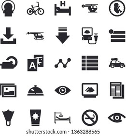 Solid vector icon set - scatter chart flat vector, news, hospital bed, ultrasound, helicopter, embryo, tomograph, car fector, bicycle, sun protection cream, flippers, no smoking, jingle, gallery
