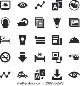 Solid vector icon set - scatter chart flat vector, news, hospital bed, ultrasound, helicopter, embryo, tomograph, car fector, sun protection cream, flippers, no smoking, jingle, gallery, menu, eye