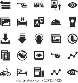 Solid vector icon set - scatter chart flat vector, news, hospital bed, ultrasound, helicopter, embryo, tomograph, bus fector, bicycle, sun protection cream, jingle, gallery, menu, download, eye