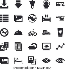 Solid vector icon set - scatter chart flat vector, news, hospital bed, ultrasound, helicopter, embryo, tomograph, car fector, bus, bicycle, sun protection cream, flippers, no smoking, jingle, menu