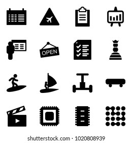 Solid vector icon set - schedule vector, airport road sign, clipboard, presentation chart, open, list, chess queen, surfing, windsurfing, gyroscope, skateboard, movie flap, cpu, chip, circuit