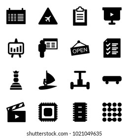 Solid vector icon set - schedule vector, airport road sign, clipboard, presentation board, chart, open, list, chess queen, windsurfing, gyroscope, skateboard, movie flap, cpu, chip, circuit