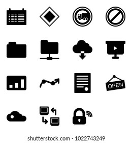 Solid vector icon set - schedule vector, main road sign, no truck, parking, folder, network, download cloud, presentation board, statistics, chart point arrow, agreement, open, data exchange