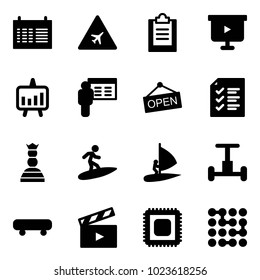 Solid vector icon set - schedule vector, airport road sign, clipboard, presentation board, chart, open, list, chess queen, surfing, windsurfing, gyroscope, skateboard, movie flap, cpu, circuit