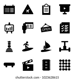 Solid vector icon set - schedule vector, airport road sign, clipboard, presentation board, chart, open, list, chess queen, surfing, windsurfing, gyroscope, skateboard, movie flap, chip, circuit