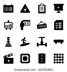 Solid vector icon set - schedule vector, airport road sign, clipboard, presentation board, chart, open, list, chess queen, surfing, gyroscope, skateboard, movie flap, cpu, chip, circuit