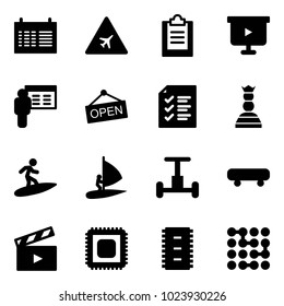 Solid vector icon set - schedule vector, airport road sign, clipboard, presentation board, open, list, chess queen, surfing, windsurfing, gyroscope, skateboard, movie flap, cpu, chip, circuit