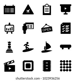 Solid vector icon set - schedule vector, airport road sign, clipboard, presentation board, chart, open, list, chess queen, surfing, windsurfing, skateboard, movie flap, cpu, chip, circuit