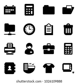 Solid vector icon set - schedule vector, calculator, folder, network, time, clipboard, trash bin, printer, manager, portfolio, contact book, hotel, t shirt, monoblock pc