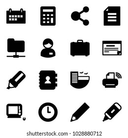 Solid vector icon set - schedule vector, calculator, share, document, network folder, manager, case, highlight marker, contact book, hotel, printer wireless, monoblock pc, clock, pencil