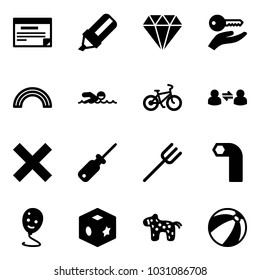 Solid vector icon set - schedule vector, highlight marker, diamond, key hand, rainbow, swimming, bike, information exchange, delete, screwdriver, farm fork, allen, balloon smile, cube toy, horse