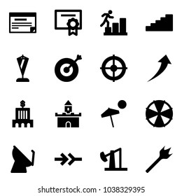 Solid vector icon set - schedule vector, certificate, career, stairs, pennant, target, growth, bank building, sand fort, beach, parasol, satellite antenna, connect, oil derrick, wood drill