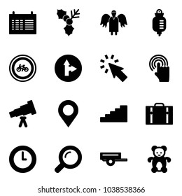 Solid vector icon set - schedule vector, holly, angel, drop counter, no bike road sign, only forward right, cursor, hand, telescope, map pin, stairs, suitcase, clock, magnifier, trailer, bear toy