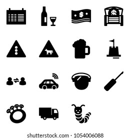 Solid vector icon set - schedule vector, wine, cash, money chest, traffic light road sign, cow, beer, sand castle, information exchange, car wireless, protect glass, awl, beanbag, truck toy