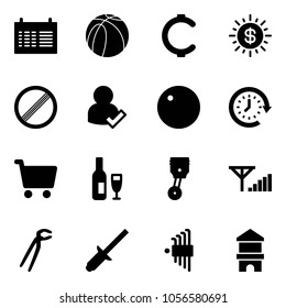 Solid vector icon set - schedule vector, basketball ball, cent, dollar sun, no limit road sign, user check, record, clock around, cart, wine, piston, fine signal, plumber, clinch, allen key set