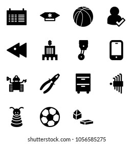 Solid vector icon set - schedule vector, candy, basketball ball, user check, fast backward, bank building, piston, mobile phone, robot, pliers, tool cabinet, allen key set, pyramid toy, soccer