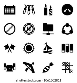 Solid vector icon set - schedule vector, garland, candle, detour road sign, no limit, parking even, network folder, community, flags cross, sun, sail boat, battery, sharpening, bow, dart