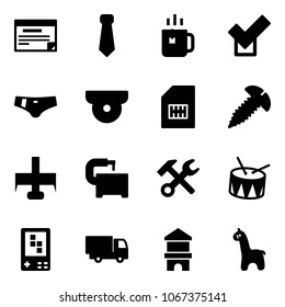 Solid vector icon set - schedule vector, tie, green tea, check, swimsuit, surveillance camera, sim, screw, milling cutter, machine tool, wrench hammer, drum, game console, truck toy, block house