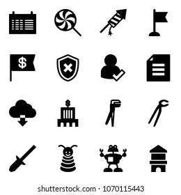 Solid vector icon set - schedule vector, lollipop, firework rocket, flag, dollar, shield cross, user check, document, download cloud, bank building, plumber, clinch, pyramid toy, robot, block house