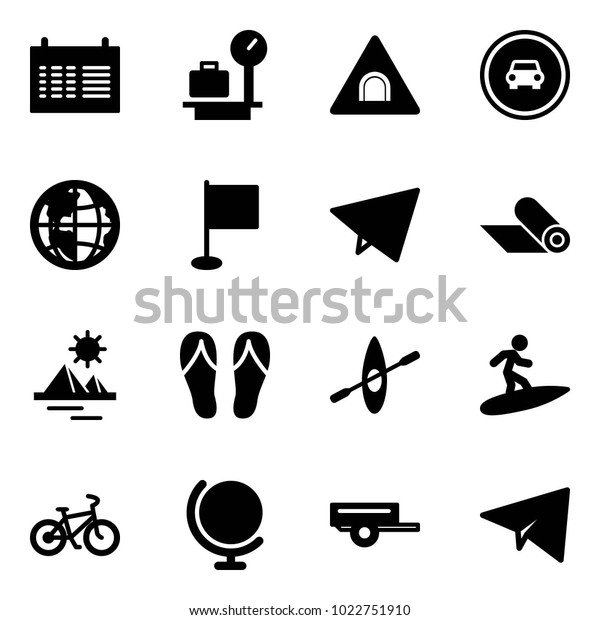 Solid vector icon
set - schedule vector, baggage scales, tunnel road sign, no car,
globe, flag, paper fly, mat, pyramid, flip flops, kayak, surfing,
bike, trailer, plane