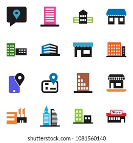 solid vector icon set - school building vector, navigator, office, tracking, apartments, store, mall