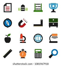solid vector icon set - school building vector, corner ruler, apple fruit, microscope, table lamp, calculator, alarm clock, compass, award cup, magnet, abacus, world, document, archive, magnifier