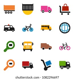 solid vector icon set - school bus vector, world, bike, truck trailer, sea container, delivery, car, cargo search, amkbulance, trolley