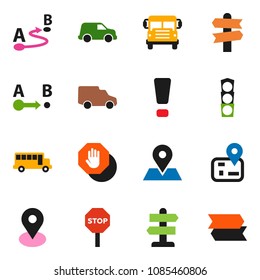 solid vector icon set - school bus vector, signpost, navigator, map pin, traffic light, car, route, attention sign, stop