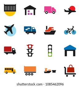 solid vector icon set - school bus vector, bike, plane, traffic light, ship, truck trailer, sea container, delivery, port, warehouse, relocation, trolley