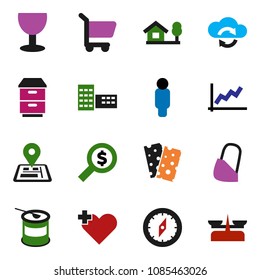 Solid Vector Icon Set - School Building Vector, Compass, Graph, Money Search, Man, Sports Nutrition, Breads, Navigator, Glass, Heart Cross, Bandage, Cloud Exchange, Chalet, Cart, Store Scales