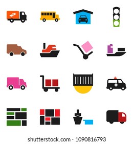 solid vector icon set  - school bus vector, traffic light, ship, sea container, delivery, car, port, consolidated cargo, amkbulance, garage, relocation truck
