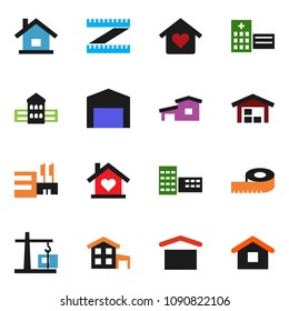 solid vector icon set - school building vector, measuring, dry cargo, hospital, house, cottage, barn, love home, construction crane, mall