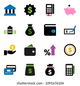 solid vector icon set - school building vector, bank, dollar coin, wallet, percent growth, money bag, piggy, investment, check, medal, credit card, reader