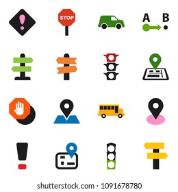 solid vector icon set - school bus vector, signpost, navigator, map pin, traffic light, car, route, attention sign, stop
