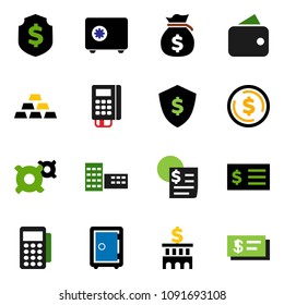 solid vector icon set - school building vector, dollar coin, money bag, bank, receipt, shield, safe, any currency, gold ingot, wallet, card reader, check