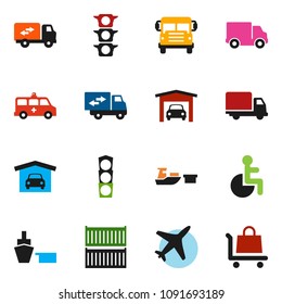 solid vector icon set - school bus vector, plane, traffic light, sea container, delivery, port, disabled, ambulance car, garage, relocation truck, trolley