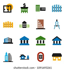solid vector icon set - school building vector, drawing compass, university, bank, stadium, chalet, fence, plan, office, store