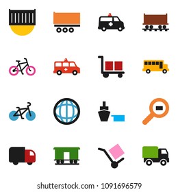 solid vector icon set - school bus vector, world, bike, Railway carriage, truck trailer, sea container, port, cargo, search, ambulance car, delivery