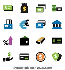 solid vector icon set - school building vector, bank, dollar coin, gold ingot, credit card, wallet, percent growth, investment, receipt, euro sign, money bag, check, shield