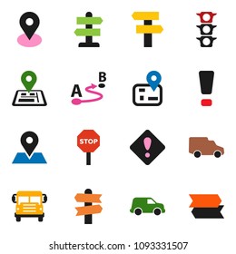 solid vector icon set - school bus vector, signpost, navigator, map pin, traffic light, car, route, attention sign, stop