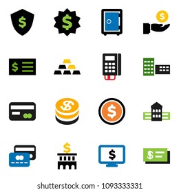 solid vector icon set - school building vector, dollar coin, investment, bank, receipt, medal, shield, safe, monitor, gold ingot, credit card, reader, check