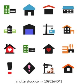 solid vector icon set - school building vector, dry cargo, hospital, home, attention sign, cottage, barn, love, construction crane, mall