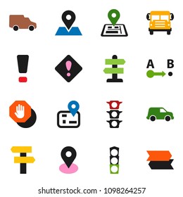 solid vector icon set - school bus vector, signpost, navigator, map pin, traffic light, car, route, attention sign, stop