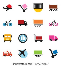 solid vector icon set - school bus vector, world, bike, Railway carriage, plane, truck trailer, sea container, delivery, cargo, amkbulance car, trolley