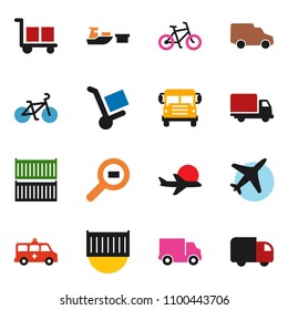 solid vector icon set - school bus vector, bike, plane, sea container, delivery, car, port, cargo, search, amkbulance, trolley