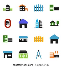 solid vector icon set - school building vector, drawing compass, stadium, hospital, home, cottage, chalet, fence, office, store, mall