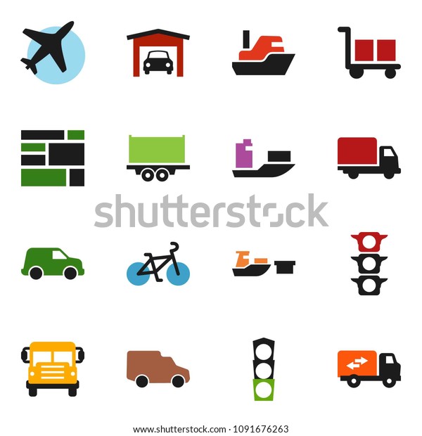 solid vector icon set - school bus\
vector, bike, plane, traffic light, ship, truck trailer, delivery,\
car, port, consolidated cargo, garage,\
relocation