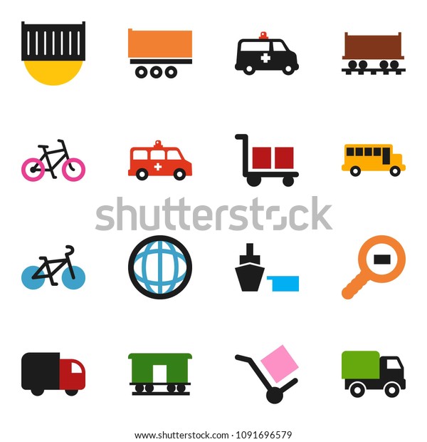 solid vector icon set - school bus vector,\
world, bike, Railway carriage, truck trailer, sea container, port,\
cargo, search, ambulance car,\
delivery