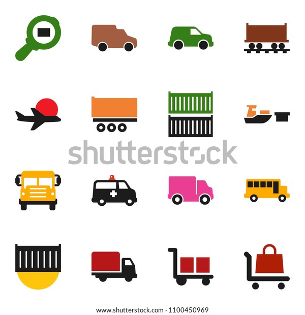 solid vector icon set - school bus\
vector, Railway carriage, plane, truck trailer, sea container,\
delivery, car, port, cargo, search, amkbulance,\
trolley